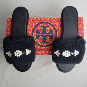 NEW Tory Burch Aspen Shearling Rhinestone Leather Slides Navy
